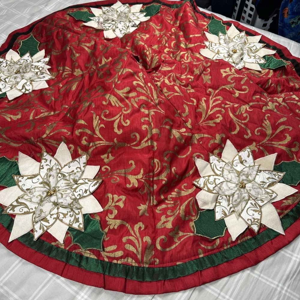 Pier 1 Imports 3D Red Appliqué & Bells Lux POINSETTIA Tree Skirt 52" D X 24"